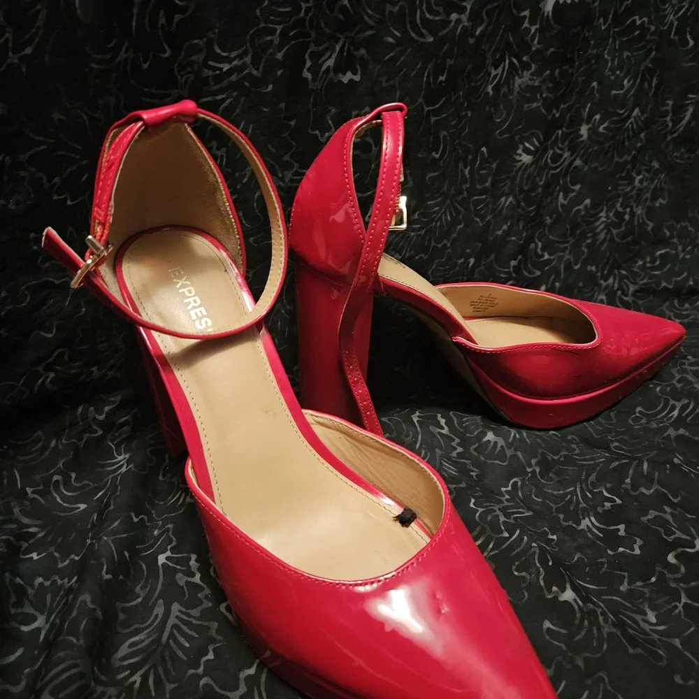 Express Red Patent Pointed Toe Ankle Strap Heels - Picture 2 of 4